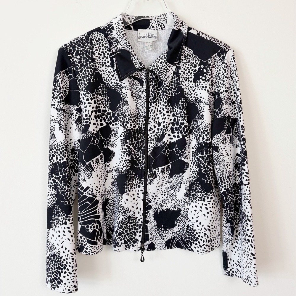 Vintage Joseph Ribkoff Black & White Abstract Zip Jacket Womens Size 14 Stretch